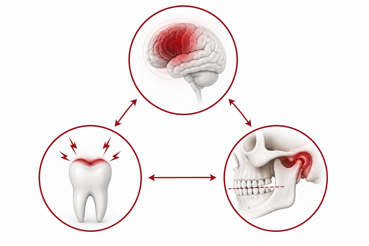 Schematisches Diagramm zeigt wie Stress, Bruxismus und Zahnfehlstellung als Ursachen eine CMD auslösen können.