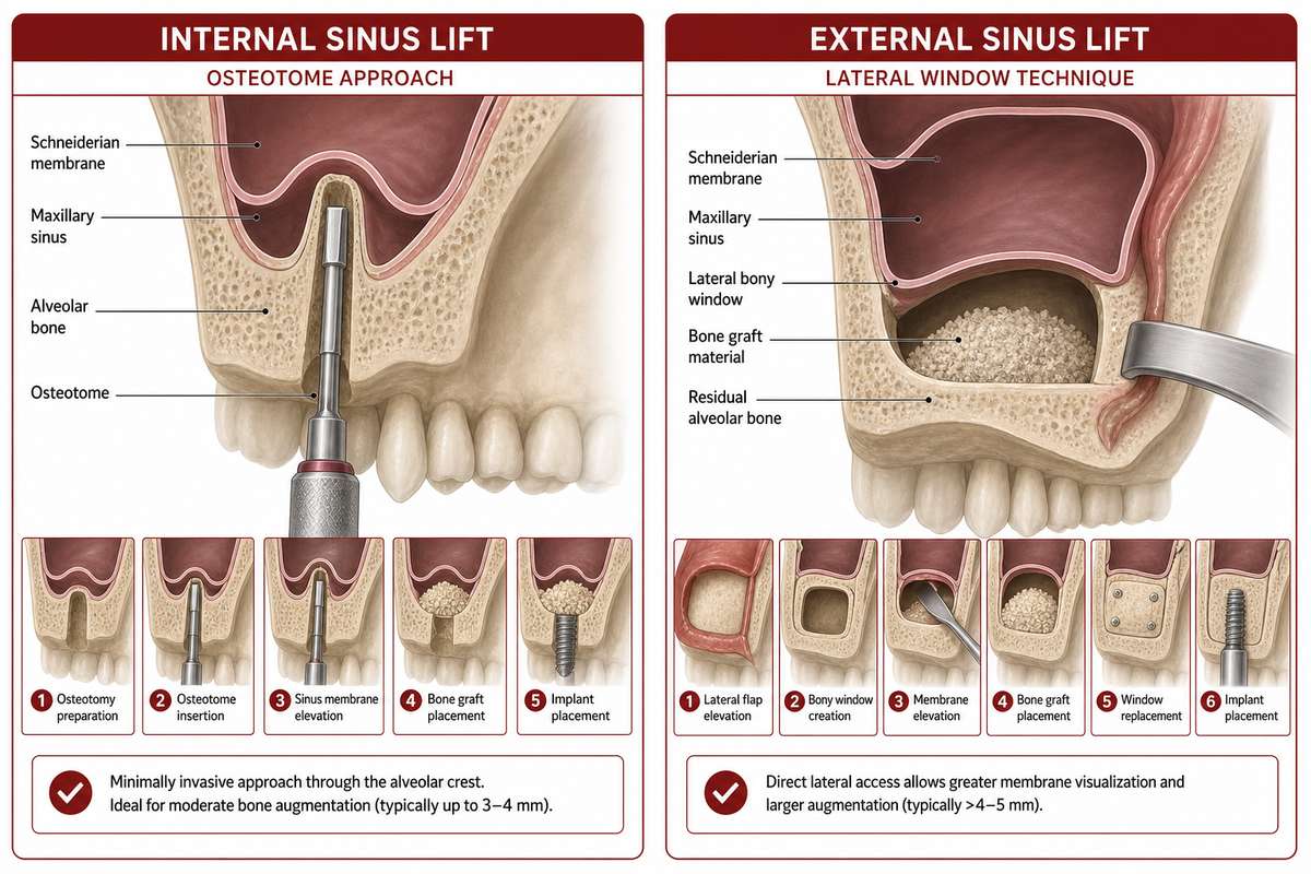 Medizinische Illustration zeigt nebeneinander den minimalinvasiven internen und den offenen externen Sinuslift im Querschnitt
