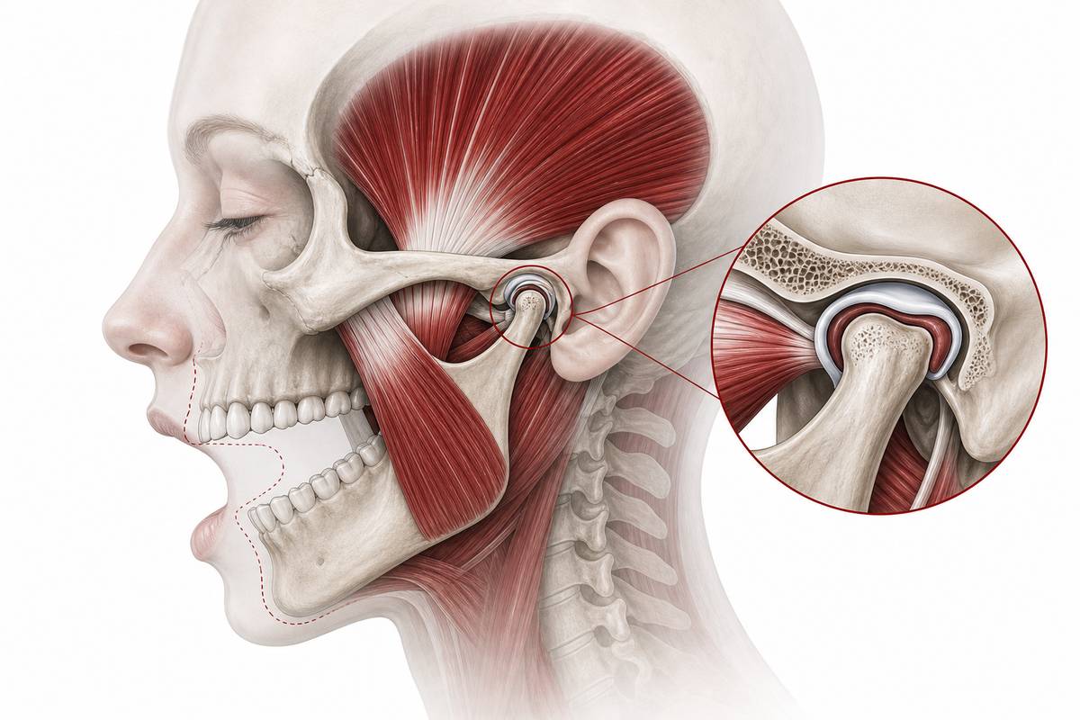 Anatomische Illustration von Kiefergelenk und Kaumuskulatur bei eingeschränkter Mundöffnung (Kieferklemme)
