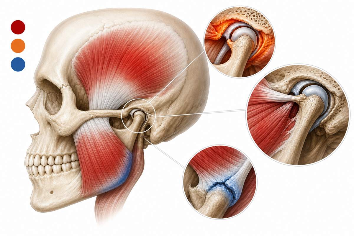 Anatomische Illustration des Kiefergelenks mit farblich markierten Ursachenbereichen für Kaumuskulatur-Verspannung und Entzündung