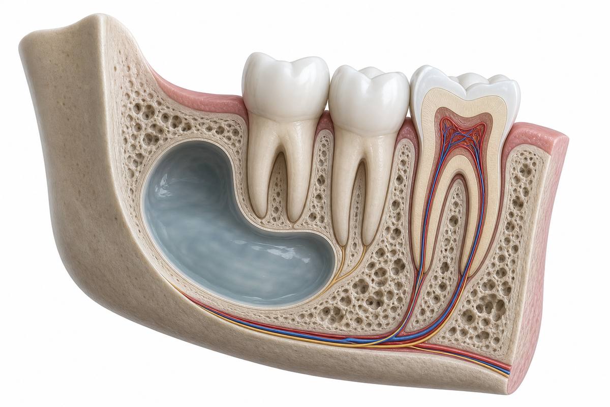 3-D-Illustration einer Kieferzyste im Unterkiefer (Querschnitt durch den Kieferknochen)
