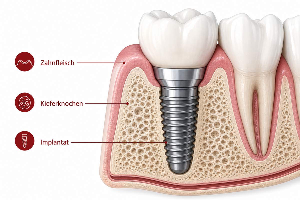 Illustration: Zahnimplantat im Kieferknochen mit Zahnfleisch, Knochen und Implantatkrone