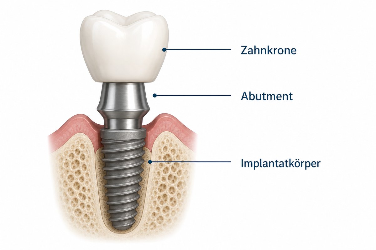 Schematische Darstellung eines Zahnimplantats mit Implantatkörper, Abutment und Zahnkrone